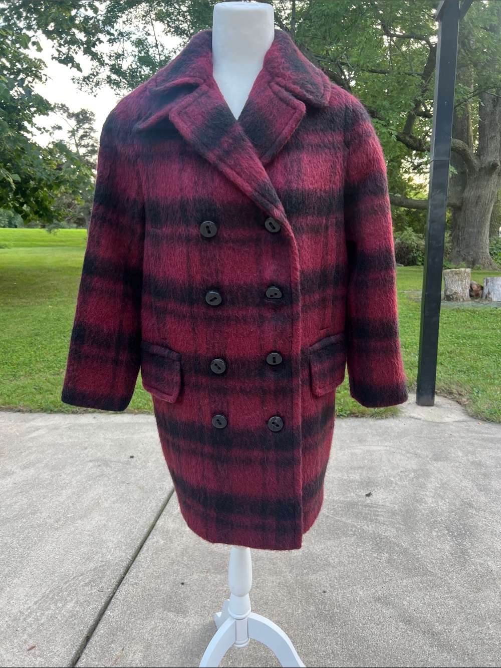 COACH Double Breasted Long Plaid Peacoat - Dark Cranberry & Black - Size S